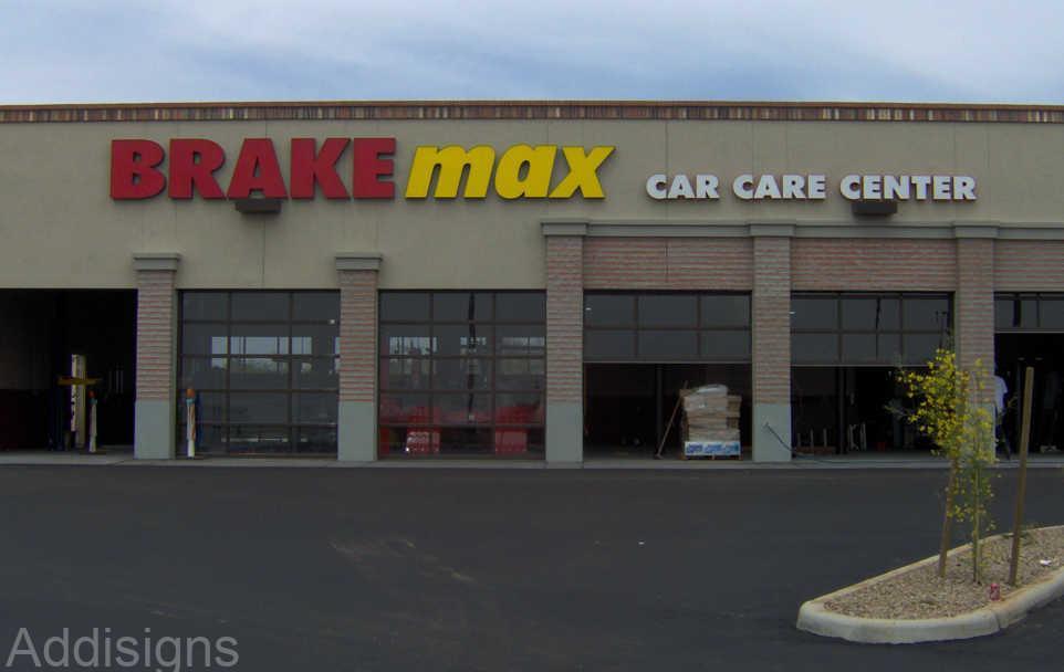 Brake Max Care Care Center pan channel letter signage on a building